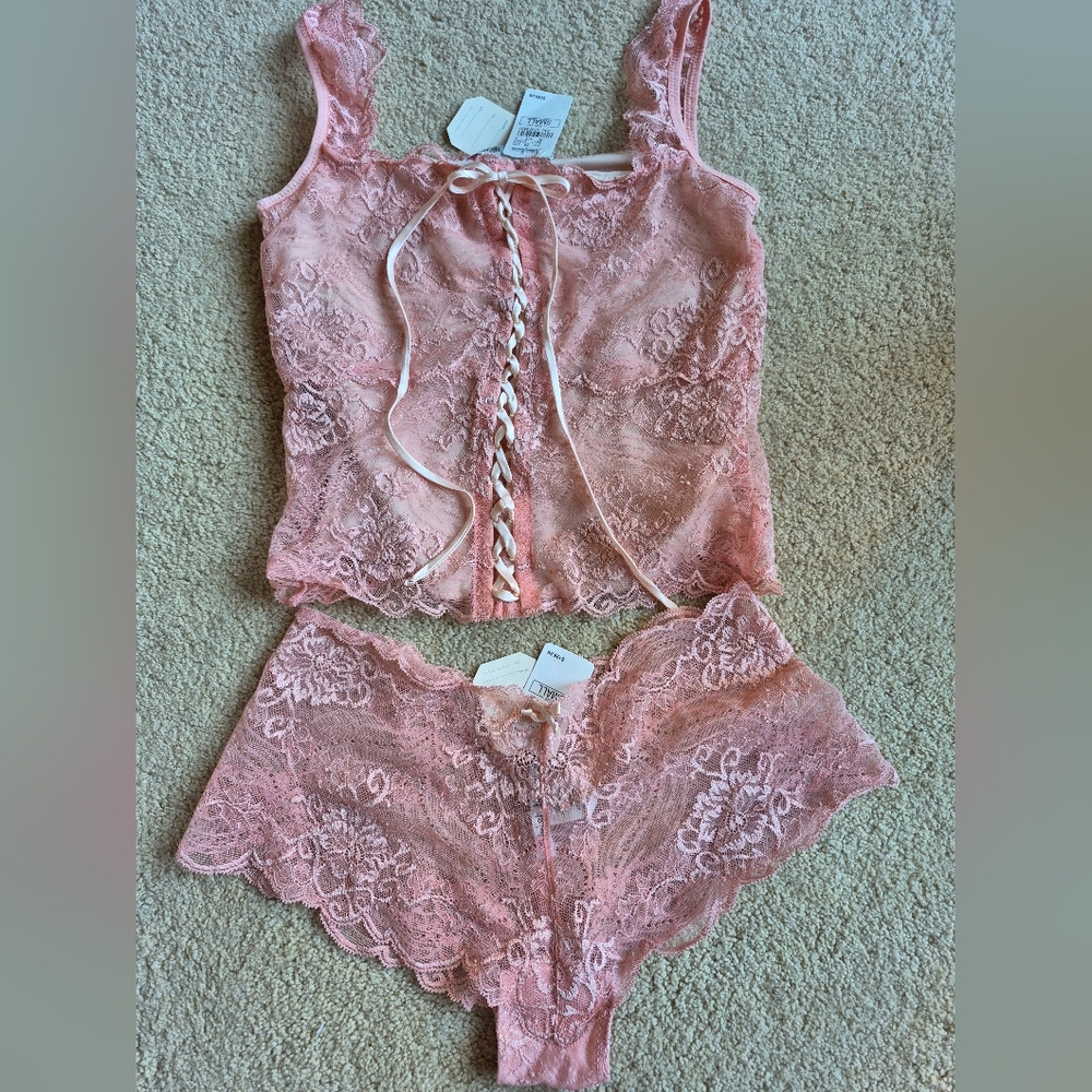 NWT Vintage Leigh Bantivoglio Light Pink French Lace Corset Camisole Set Size S